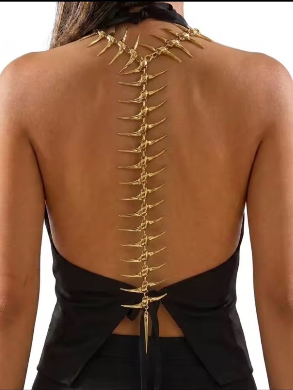 Black Backless Slip Dress with Gold Spine Chain - Picture 1 of 8